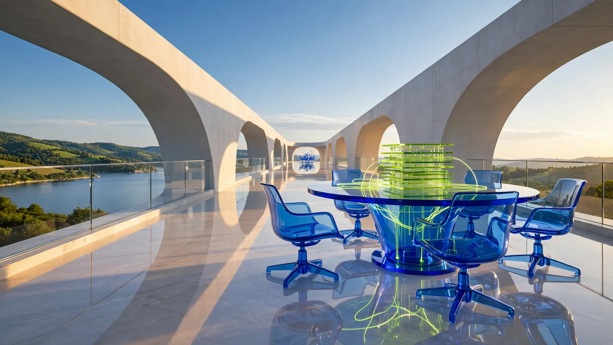 Translucent cobalt and mint glass round table with empty swivel chairs on a sunny white concrete terrace above a bright blue bay and sky