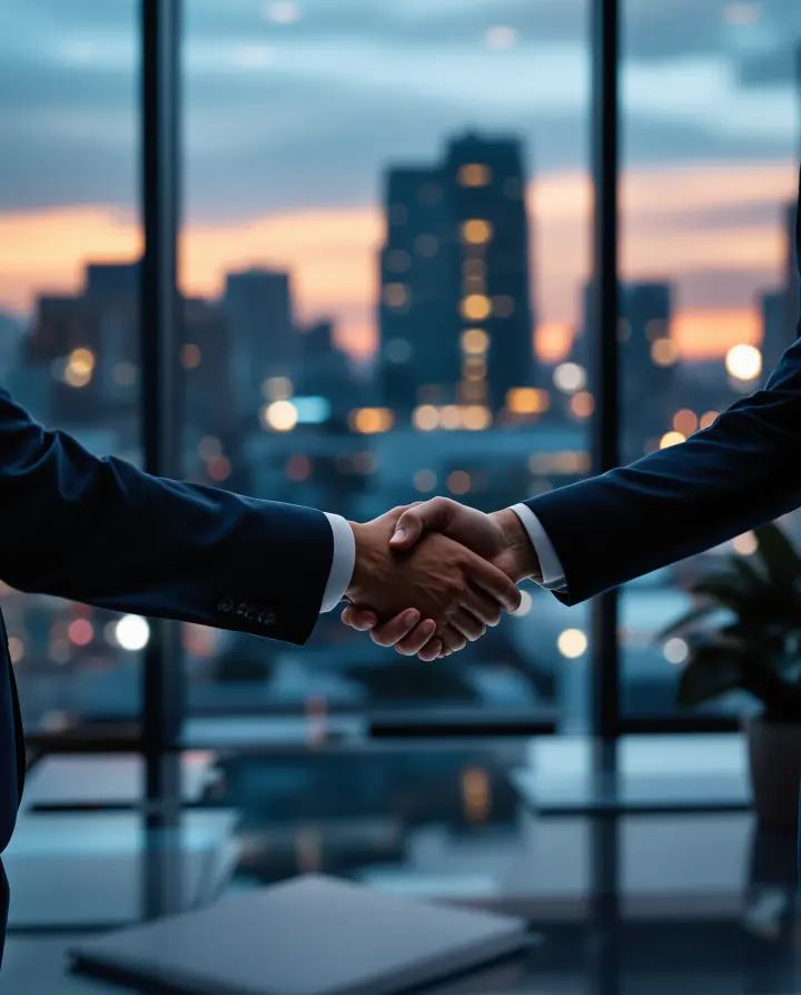 Two professionals shaking hands across a table