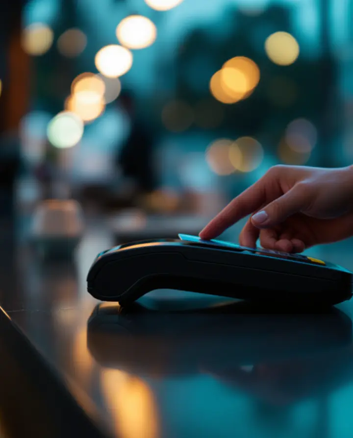 A contactless payment card on a dark glossy surface