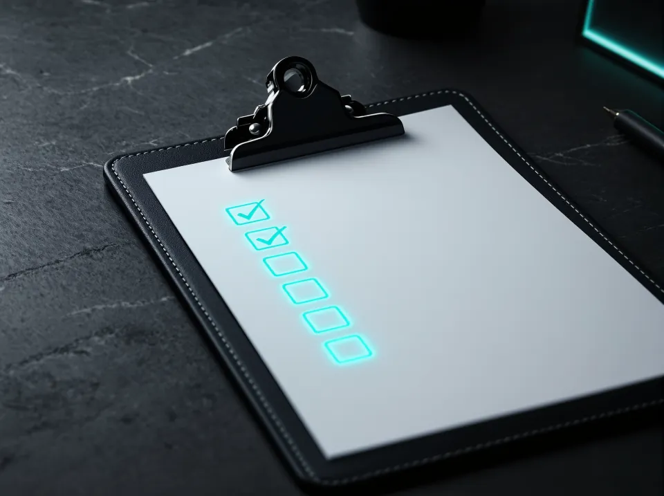 A clipboard with a glowing teal checklist on a dark surface