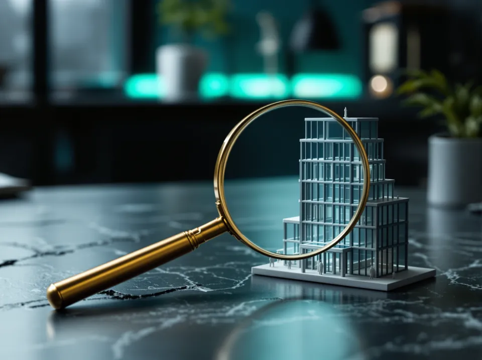 A brass magnifying glass beside a glass tower model