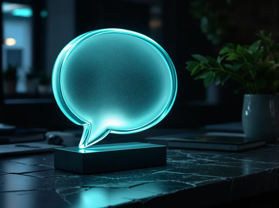 A glowing teal speech bubble on a dark desk