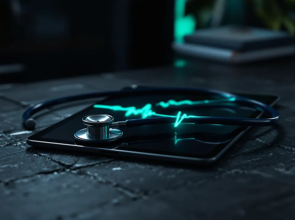 A stethoscope and a glowing heartbeat line on a tablet