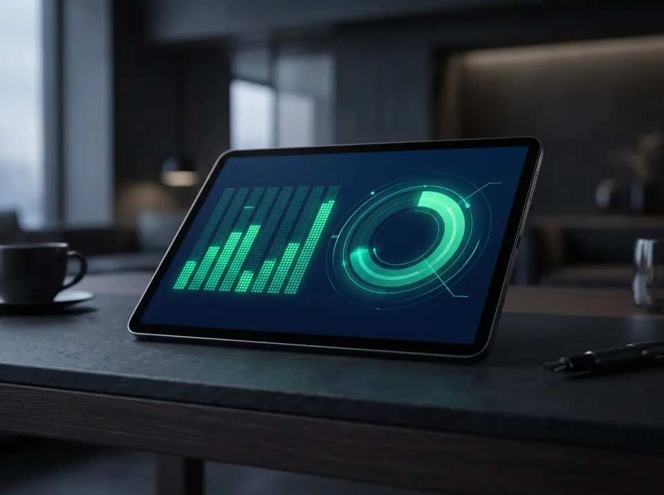 A tablet showing a green analytics dashboard