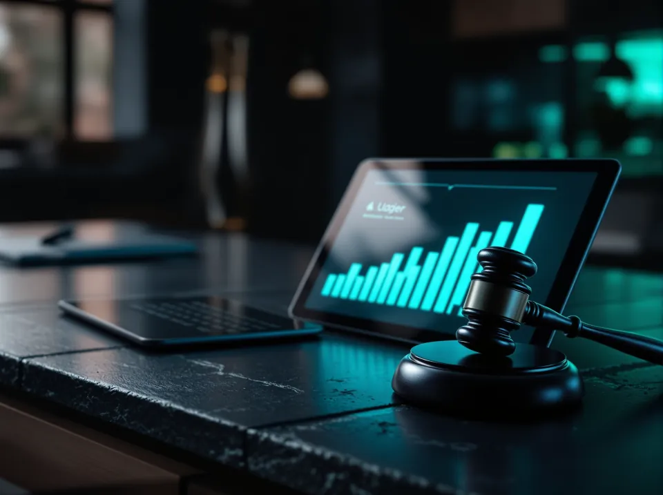 A tablet showing a rising bar chart beside a gavel