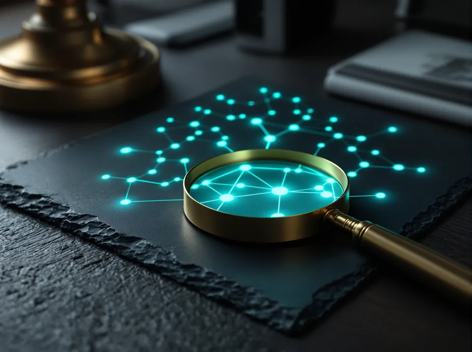 A magnifying glass over a glowing teal network on slate