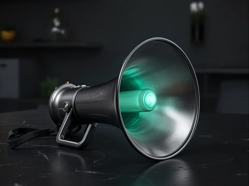 A chrome megaphone with a teal glow on a dark surface