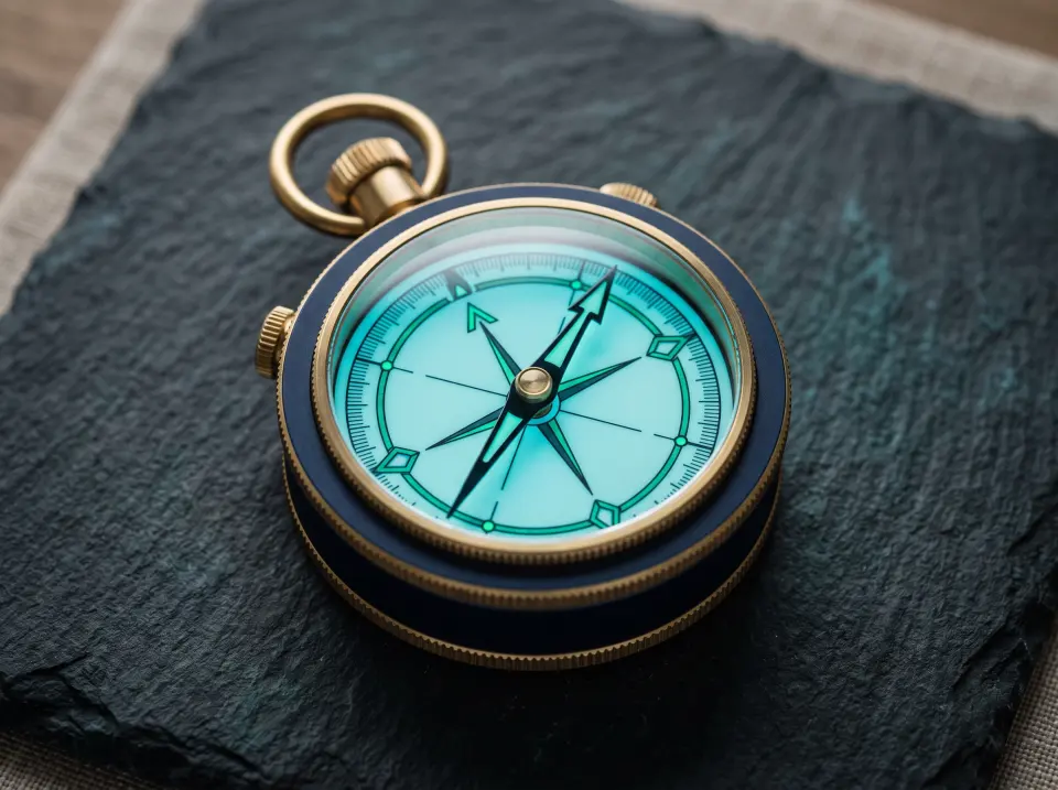 A teal compass on a dark surface pointing towards readiness