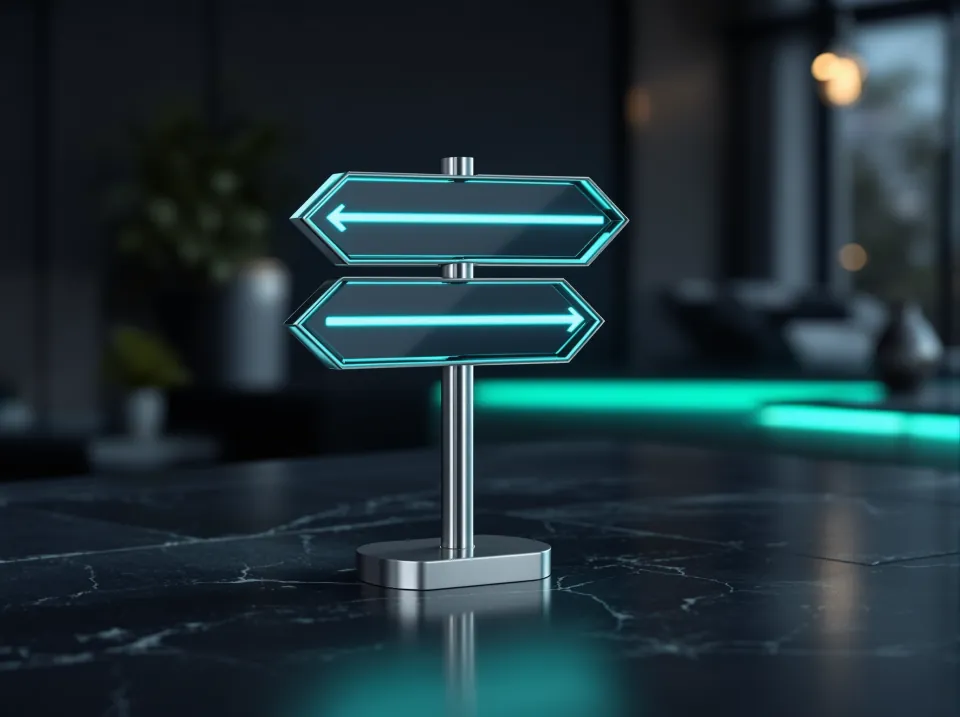 A glowing teal directional signpost on a dark surface