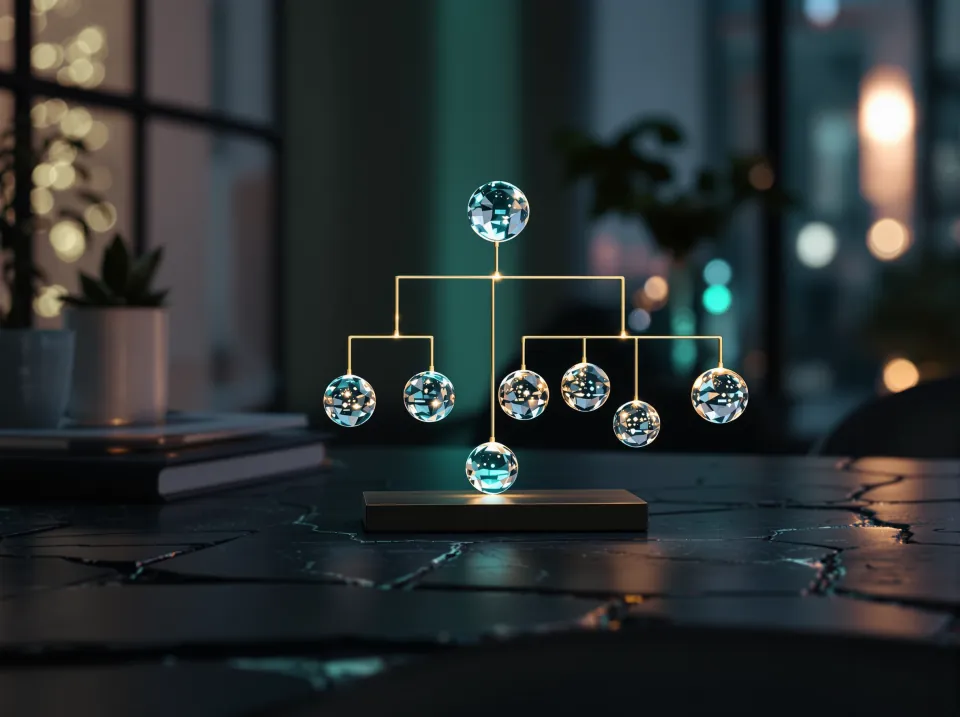 A glass-sphere organisation chart on a dark desk