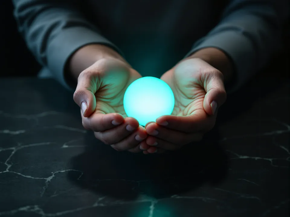 Two hands cupping a softly glowing teal sphere