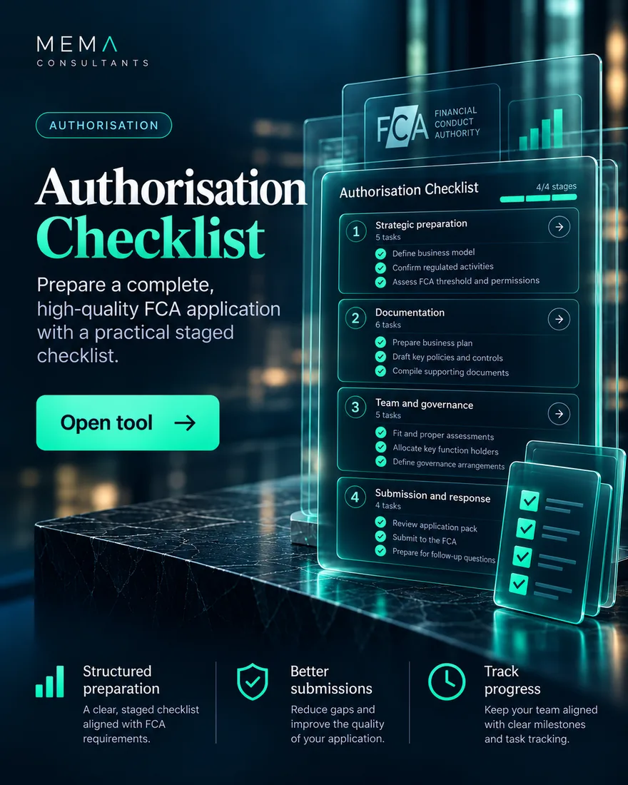 Authorisation Checklist, free tool: An interactive checklist to track your preparation for an FCA authorisation application.