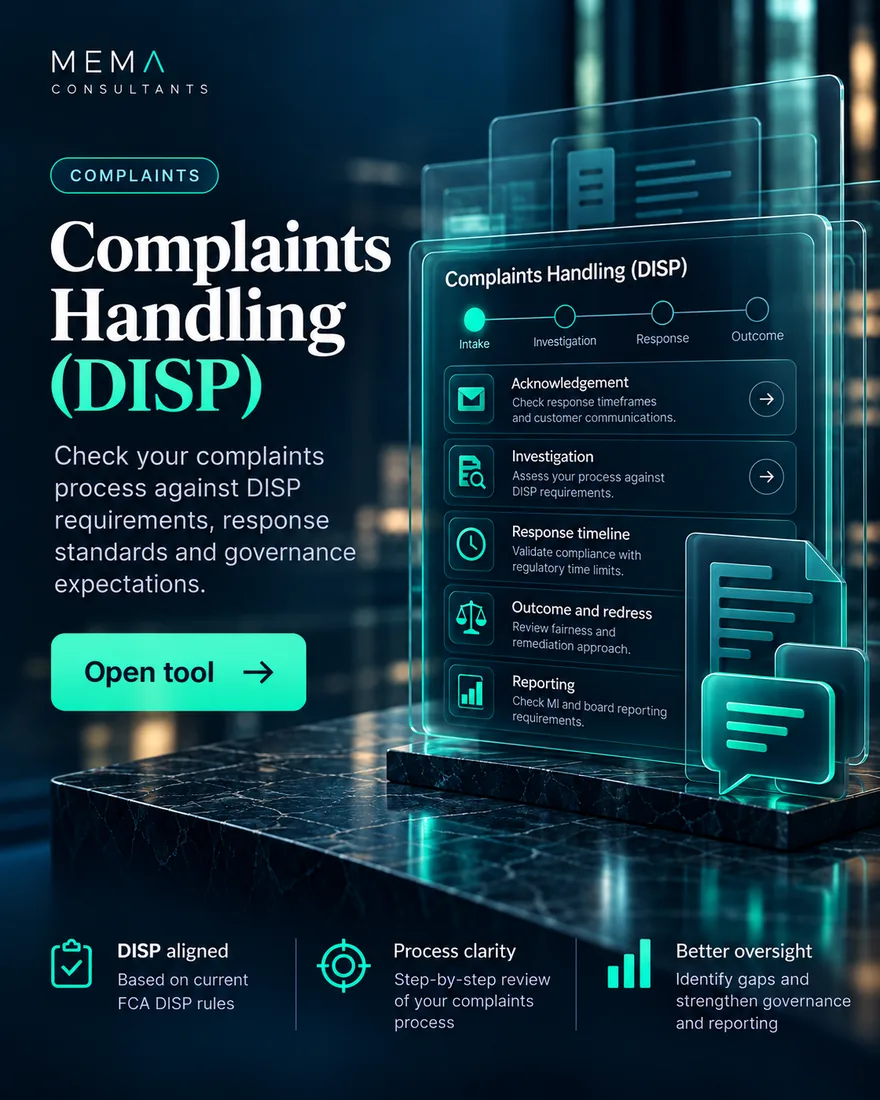 Complaints Handling (DISP), free tool: Checks DISP complaint timescales, including the 8-week final response and FOS referral.
