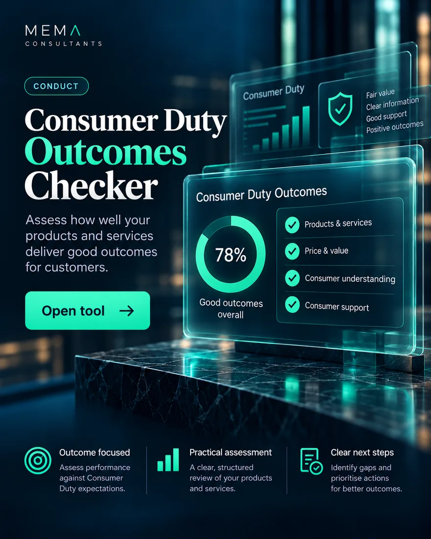 Consumer Duty Outcomes Checker, free tool: Assesses your compliance with the four Consumer Duty outcomes.