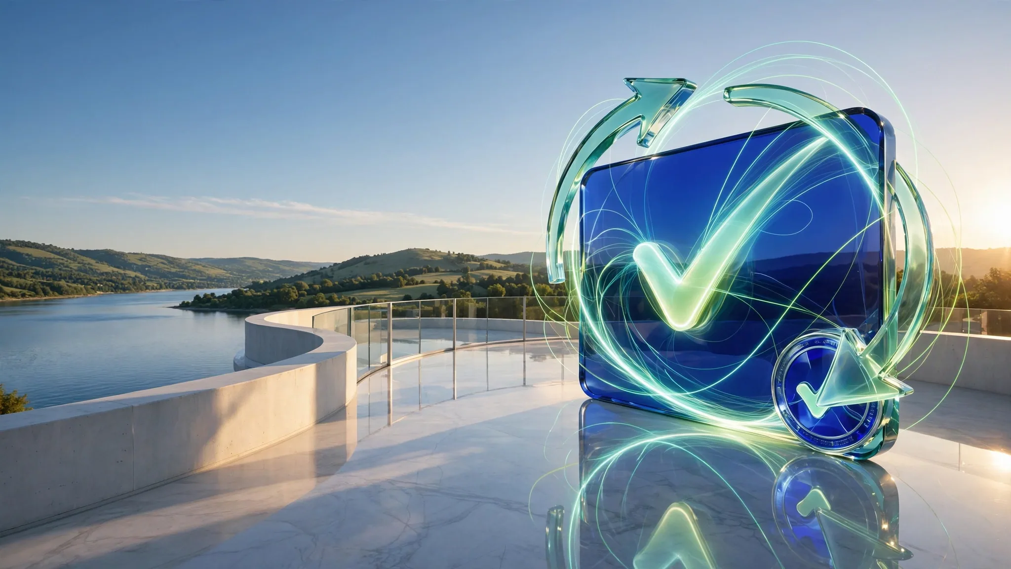 Translucent cobalt and lime glass sculpture of a payment card with a glowing tick, on a sunny white terrace above a calm blue bay